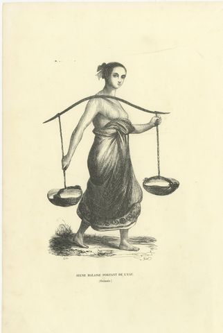 Young Malay Woman Carrying Water, Antique Wahlen Costume Print, 1843-1844