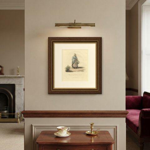 Woman near Antwerp, Flemish Dress, Antique Ackermann Print, 1817, shown framed on a wall