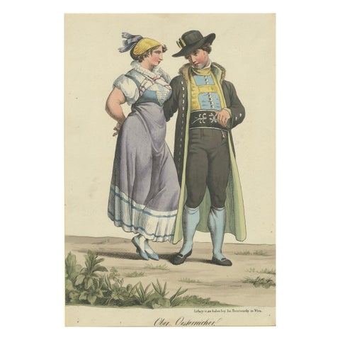 Upper Austria Folk Costume Couple, Antique Lithograph, Trentsensky c.1825