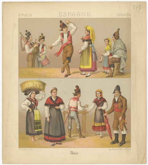 Pl. 177 Antique Print of Spanish Costumes by Racinet, 'circa 1880', view 2