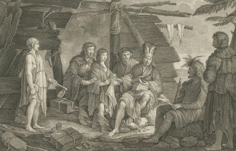 La Pérouse Alaska Tlingit Costume Engraving, French Expedition, 1797, close-up 1
