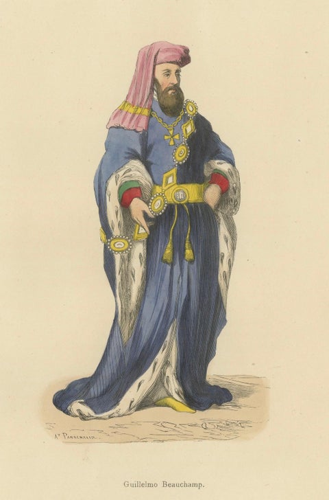 William de Beauchamp in Noble Attire in An Original Handcolored Lithograph, 1847, close-up 4