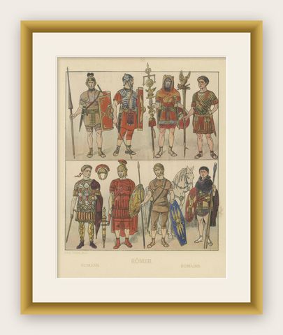 Antique Roman Military Costume Plate, Hand-Colored Print c.1880, shown framed
