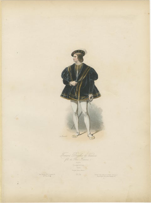 Antique French Costume Print of François Dauphin de Viennois, Renaissance Attire, view 2