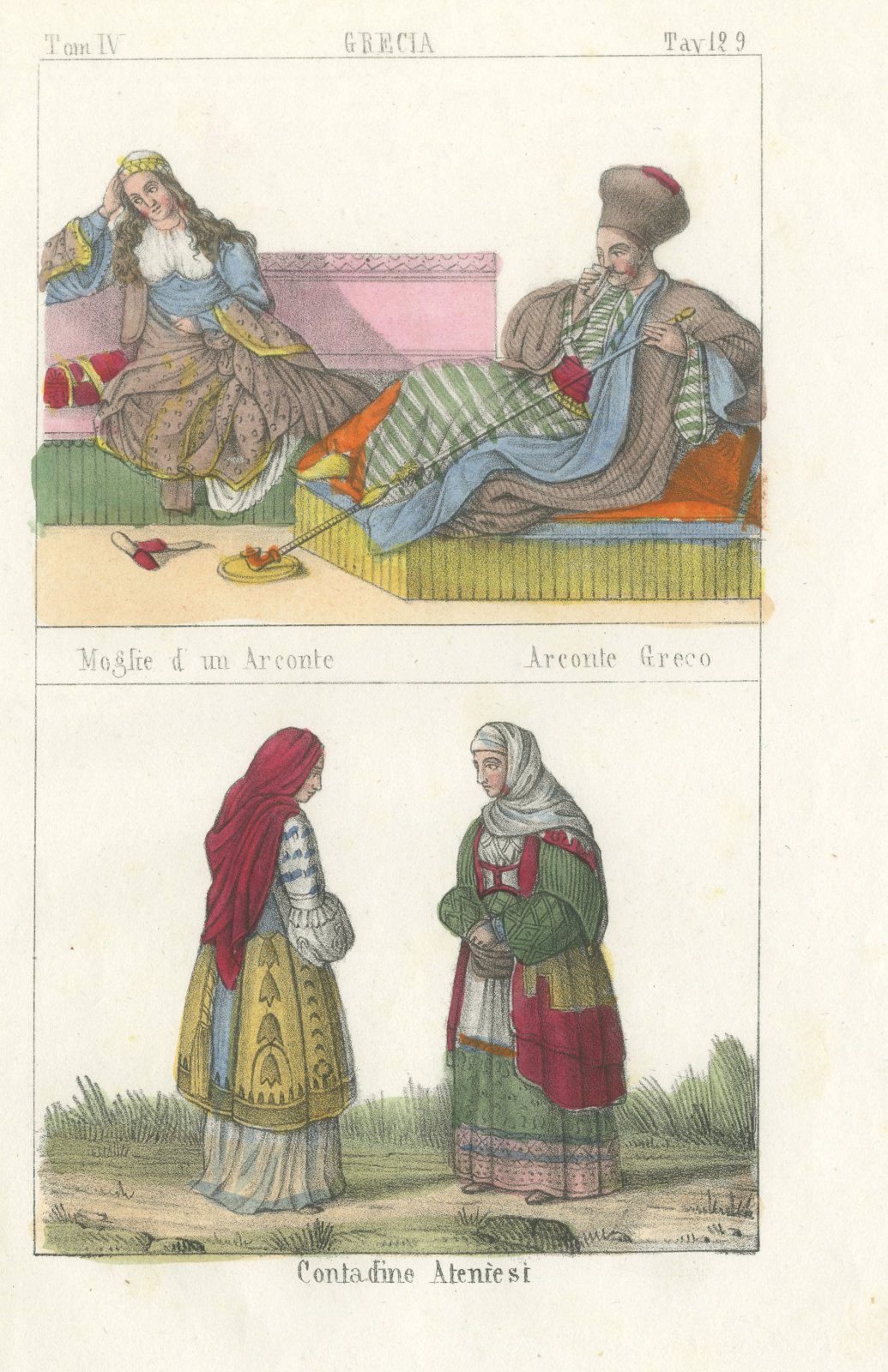 Greek Archon and His Wife with Athenian Peasant Women, Lithograph, 1842