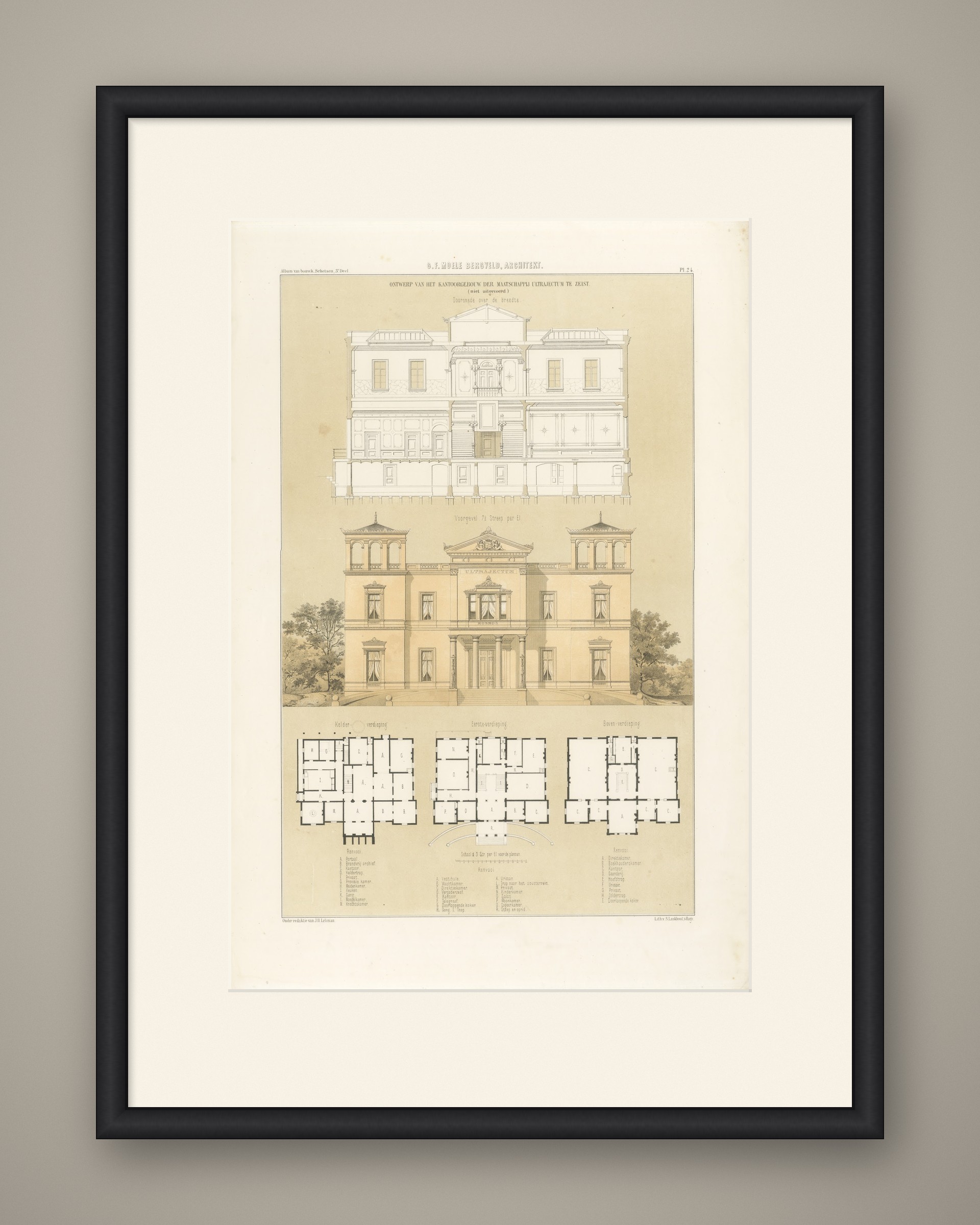 Ultrajectum Office Building, Zeist, Dutch Architecture Print, Leliman, 1865-1866, shown framed