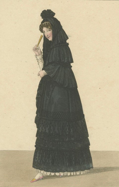Woman in Traditional Madrid Dress, Hand-Colored Engraving, c.1820, close-up 2