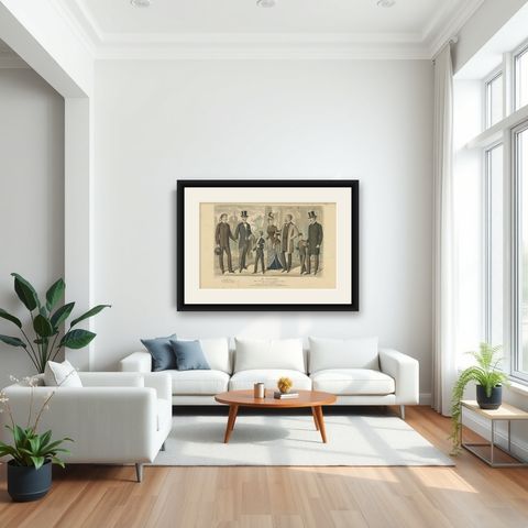 Antique Fashion Print of Gentlemen and Woman in France, 1887, shown framed in a room