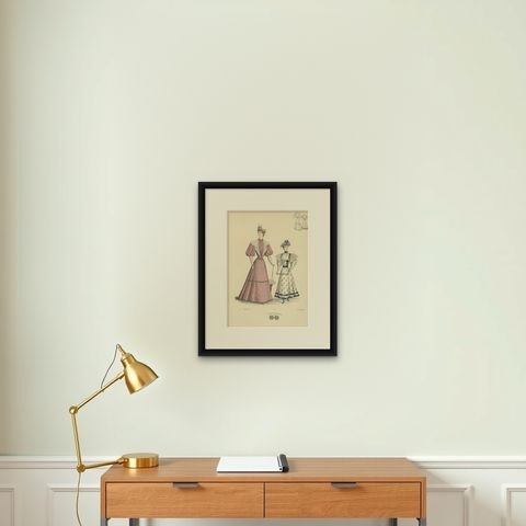 Victorian Fashion Duets: Elegant Ensembles in Lithographs Published in 1889, shown framed on a wall