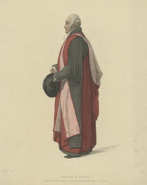 Old Print of Doctor in Physic Sir Christopher Pegge, in Convocation Dress, 1813, close-up 1