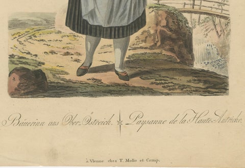 Upper Austria Folk Costume Pair, Antique Hand-Colored Lithographs, Vienna 1825, close-up 2