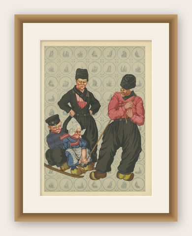 Cheerful Winter Outing: Volendam Men & Children in Holiday Dress (1932), shown framed