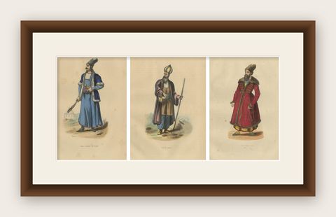 1844 Persian Cultural Figures: Engraved Prints of Traditional Attires, shown framed
