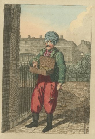 Rhubarb Seller in Russell Square, Cries of London, 1804, close-up 1