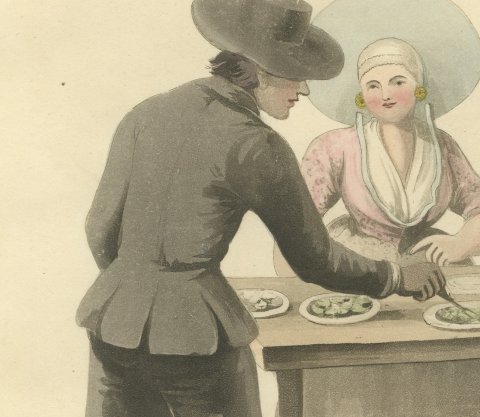 Group at the Fair at Rotterdam, Antique Ackermann Costume Print, 1817, close-up 1