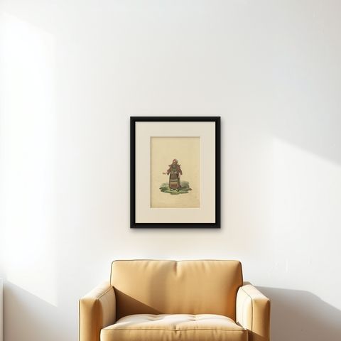 Antique Costume Print of a Woman from Finland, 1811, shown framed on a wall