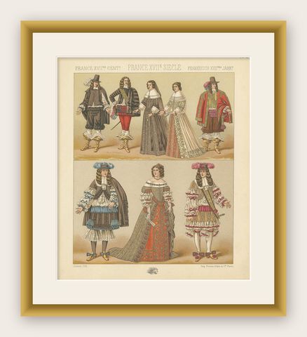 Pl. 102 Antique Print of French 17th Century Costumes by Racinet, circa 1880, shown framed