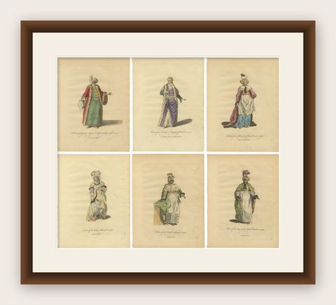 Set of 6 Ottoman Costume Prints, Hand-Colored Engravings, 1767, shown framed