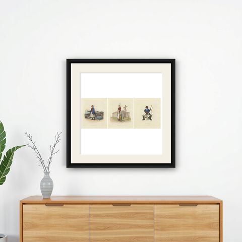 French Costumes and Trades, 3 Finely Coloured Prints by R. Bridgens, 1835, shown framed on a wall