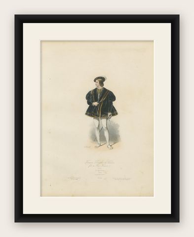 Antique French Costume Print of François Dauphin de Viennois, Renaissance Attire, shown framed