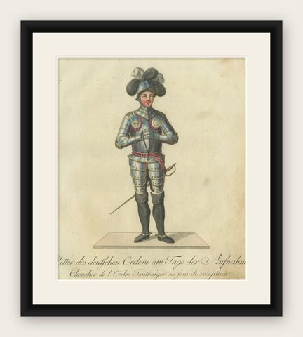 Knight of the Teutonic Order: 1791 Hand-Colored Engraving in Reception Attire, shown framed