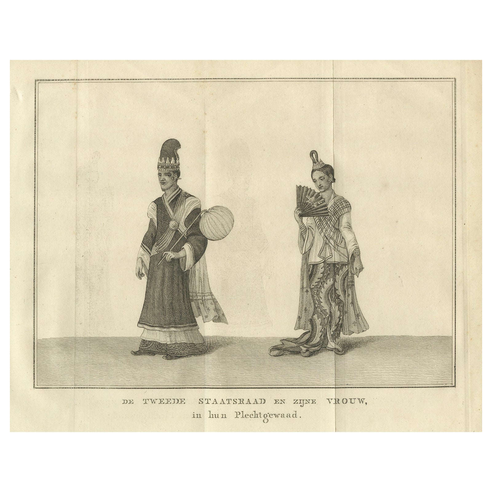 Burmese Minister & Wife in Ceremonial Dress, Antique Costume Print, c.1800