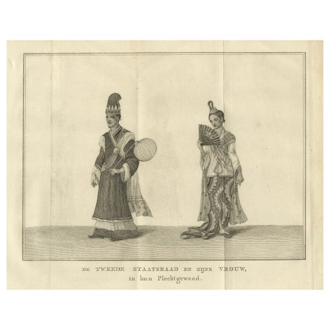 Burmese Minister & Wife in Ceremonial Dress, Antique Costume Print, c.1800