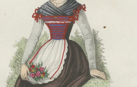 Tyrolean Woman Costume Print, Antique Hand-Colored Lithograph, 1854, close-up 2