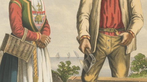 Folk Costumes near Bergen, Moranger and Oster Couple, 19th Century Print, close-up 1
