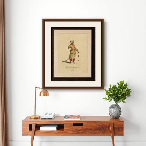Habit of an Ethiopian, Early Ethnographic Costume Engraving, 1749, shown framed on a wall