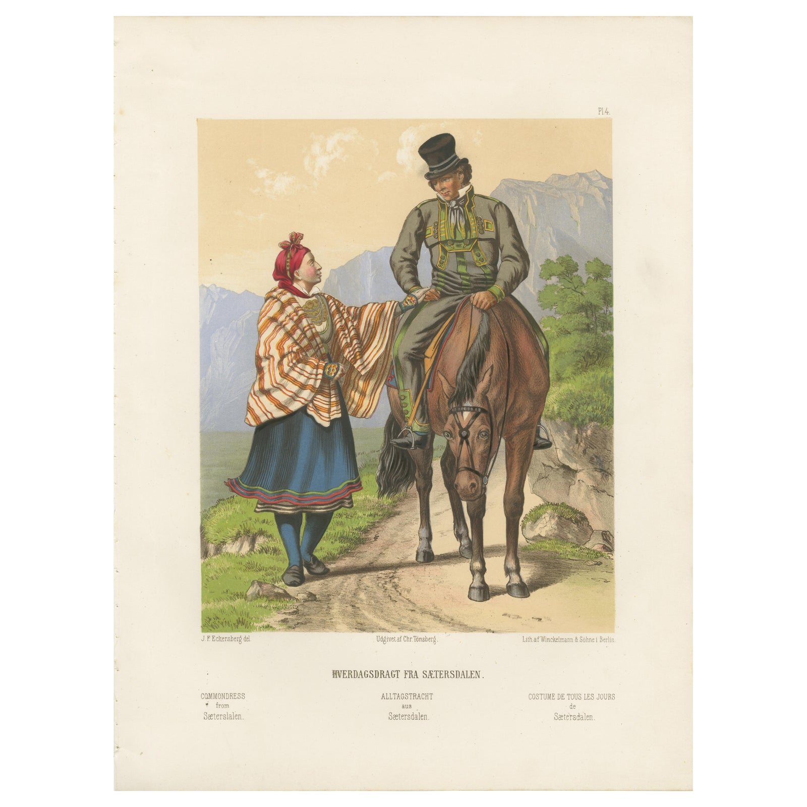Setesdal Traditional Dress, Daily Wear from Norway, Antique Lithograph, c.1860