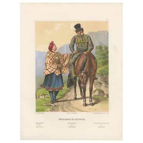 Setesdal Traditional Dress, Daily Wear from Norway, Antique Lithograph, c.1860
