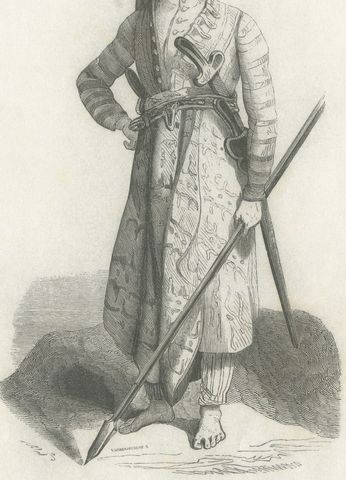 Javanese Man in War Dress, Antique Wahlen Costume Print, 1843-1844, close-up 1