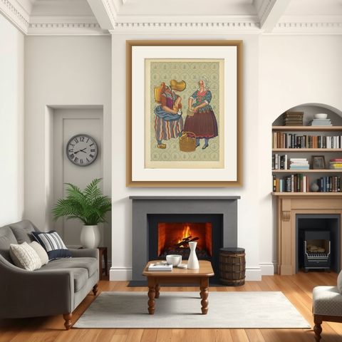 Early 19th c. Brabant Milkmaid & Townswoman in Folk Dress, Published in 1932, shown framed in a room