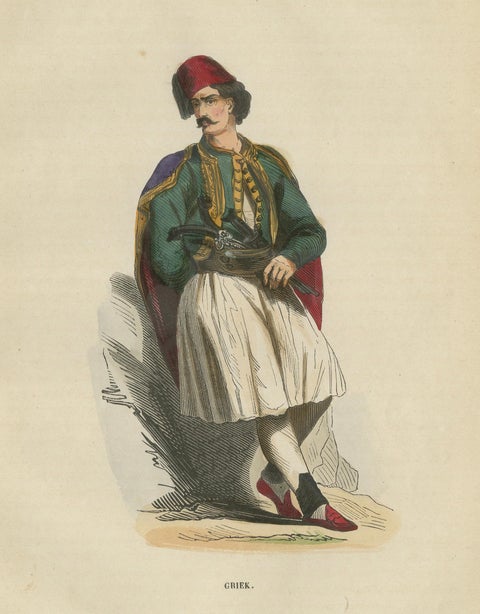 Greek Gentleman in Traditional Costume - Antique Hand-Colored Lithograph, 1852, close-up 1