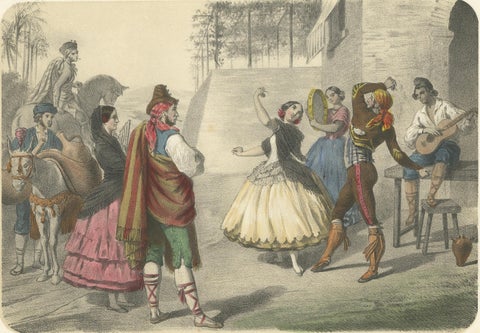 Spanish Dancers and Regional Costumes, Gitano and Valencian Figures, c.1845, close-up 1