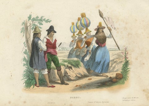 Original Antique Costume Print of Peru, Arrieros & Aymara Dance, c.1840