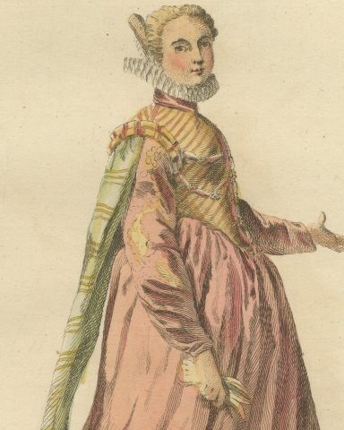 Young Lady of France in 1581 in a Rose Gown, Jefferys Costume Plate, 1757, close-up 1