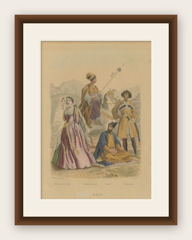 Antique Costume Prints of Asia: Persian, Kurdish, Circassian, Figures c1860, shown framed