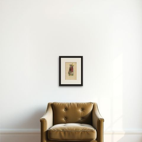 Antique Print of a Native and Soldier of Cochinchina, 1843, shown framed on a wall