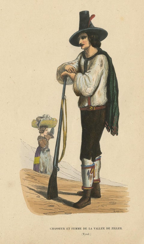 Antique Costume Print of Hunter in the Ziller Valley by Wahlen '1843', view 4