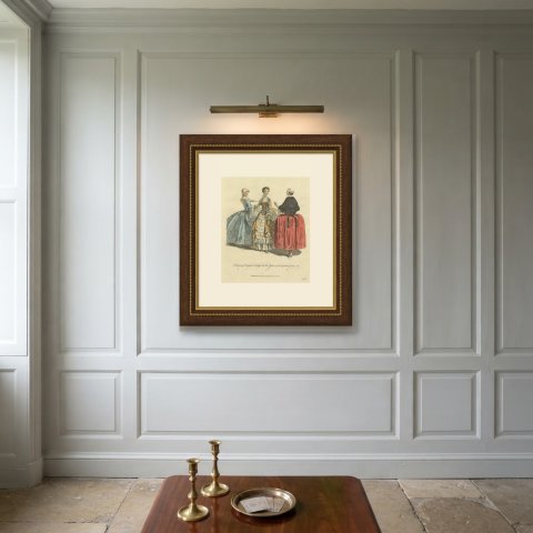 Three English Ladies of 1735, 1745 and 1755, Jefferys Costume Print, 1757, shown framed on a wall