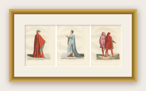 Medieval Costume Figures, 3 Elegant Hand-Colored Antique Prints, France 1845, shown framed