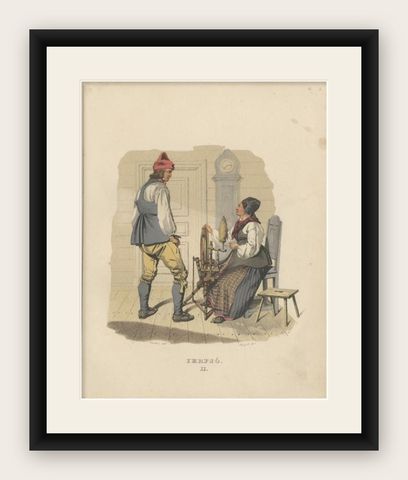 Antique Costume Print of Järvsö in Sweden by Sandberg, circa 1864, shown framed