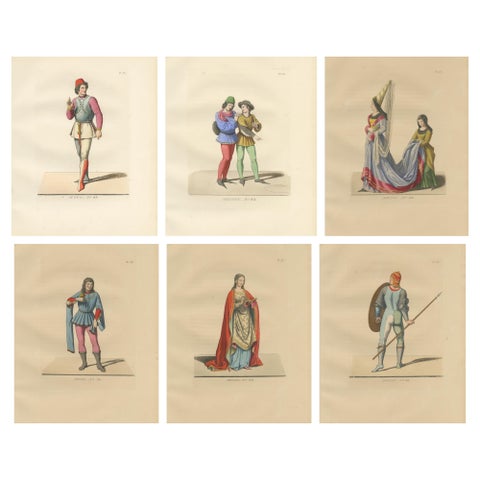 Six Hand-Colored Lithographs of Medieval Italian Costume, Circa 1860