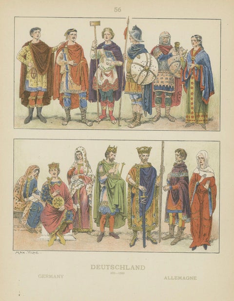 Antique German Costume Print 500–1000, Hand-Colored Historical Plate, ca.1880, close-up 1