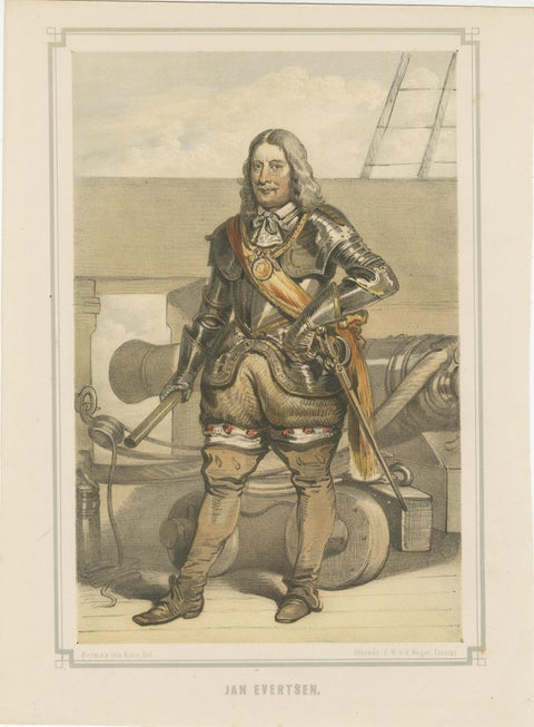 Jan Evertsen, Dutch Admiral in Battle Dress, Hand-Colored Lithograph, ca.1850, view 2