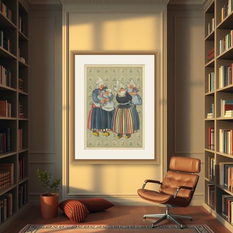 Charming Vintage Print, Women & Children of Volendam in Traditional Dress, 1932, shown framed in a room