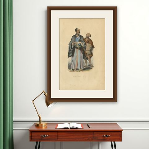 Antique Print of a Japanese Nobleman and his Servant, 1843, shown framed on a wall