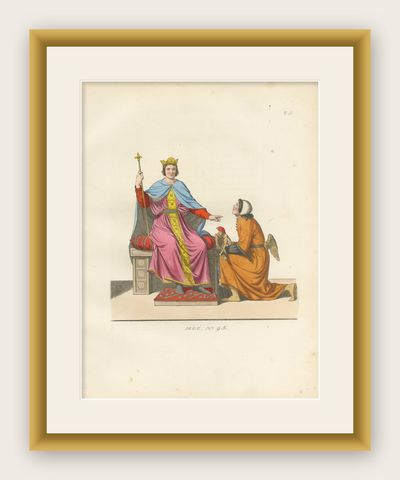 Antique 1845 Print, King and Angel in 15th Century Courtly Costume, shown framed